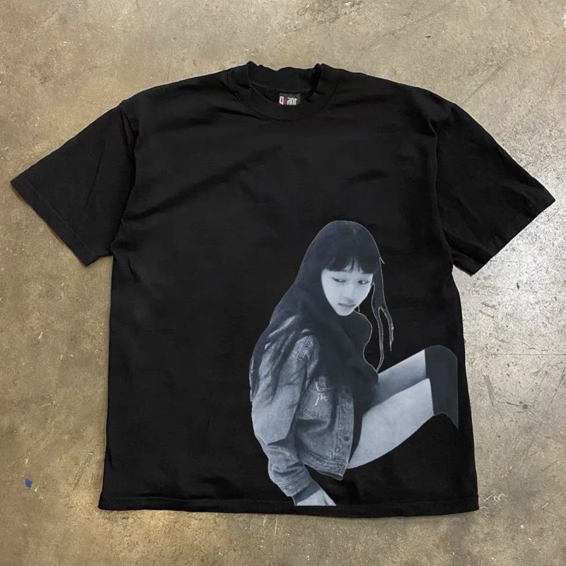 Oversized Loose Short-Sleeved T-Shirt 250g Heavyweight Pure Cotton Kuriyama Chiaki Print Unisex Style 24ss Men And Women Top_viptrois.com