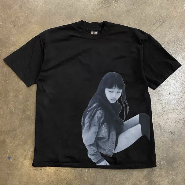 Oversized Loose Short-Sleeved T-Shirt 250g Heavyweight Pure Cotton Kuriyama Chiaki Print Unisex Style 24ss Men And Women Top_viptrois.com