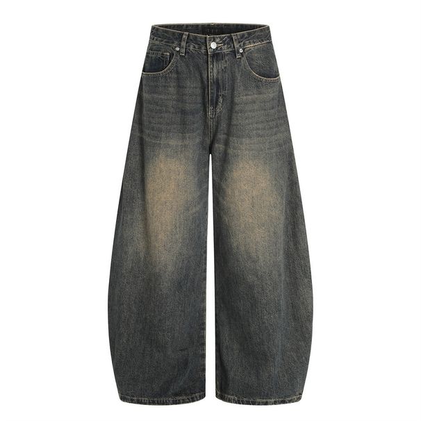 Punk Vintage Washed Denim Scimitar Men's Long Street Style Mud-Dyed Ripped Loose Wide-Leg Sickle Pants_viptrois.com