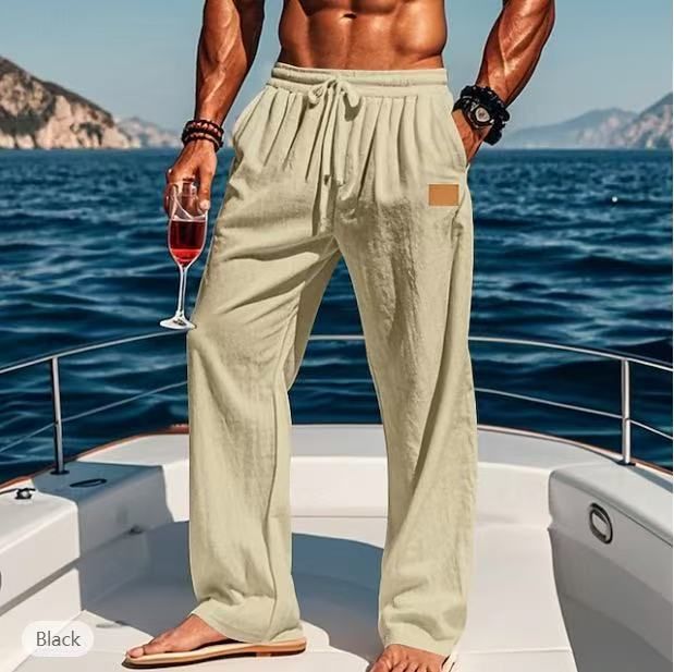 Men's Autumn Drawstring Elastic Waist Straight Leg Trousers Comfortable Breathable Outdoor Beach Casual Wear_viptrois.com
