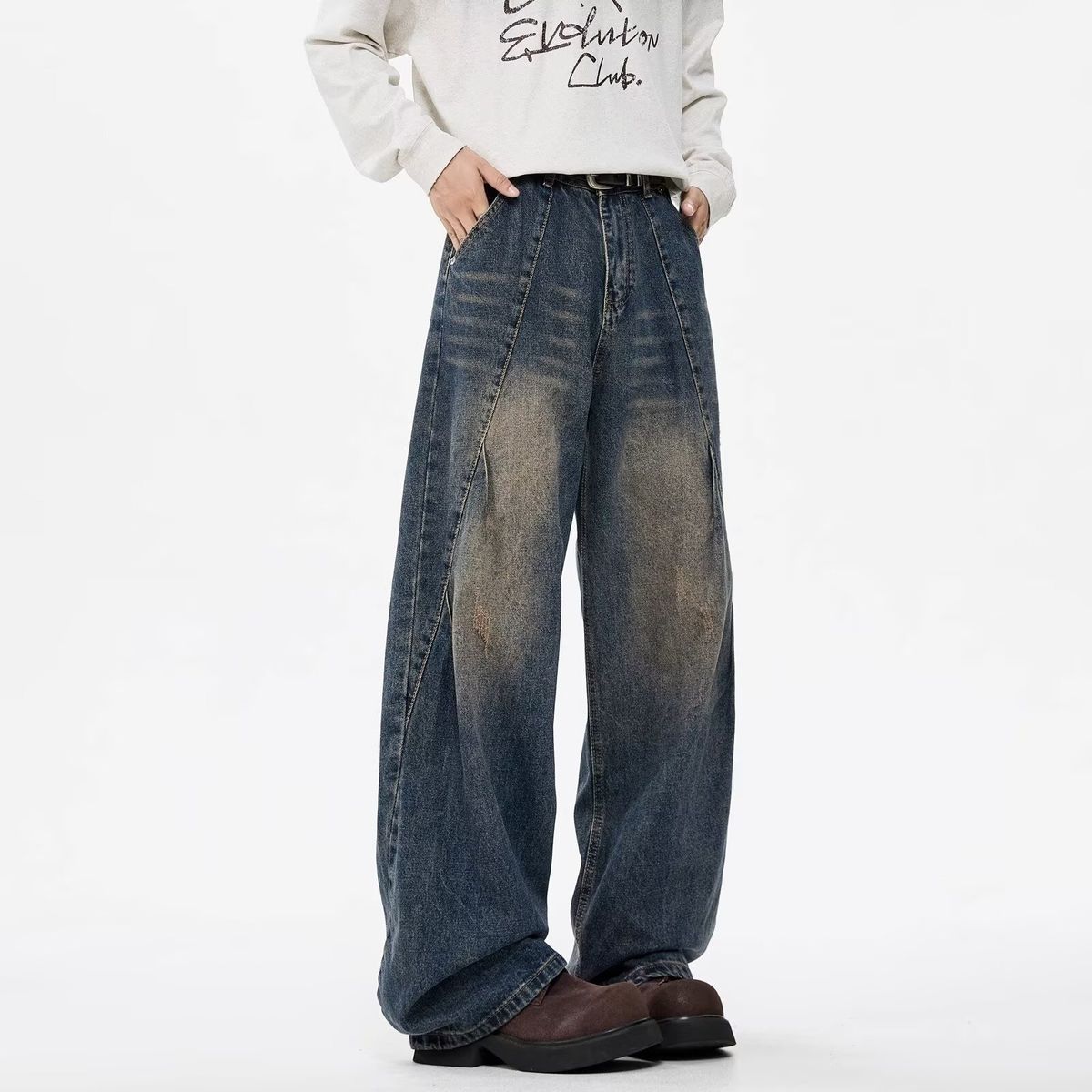 Autumn New Retro Washed Jeans Boys American High Street Deconstructed Wide Leg Loose Straight Casual Trousers_viptrois.com