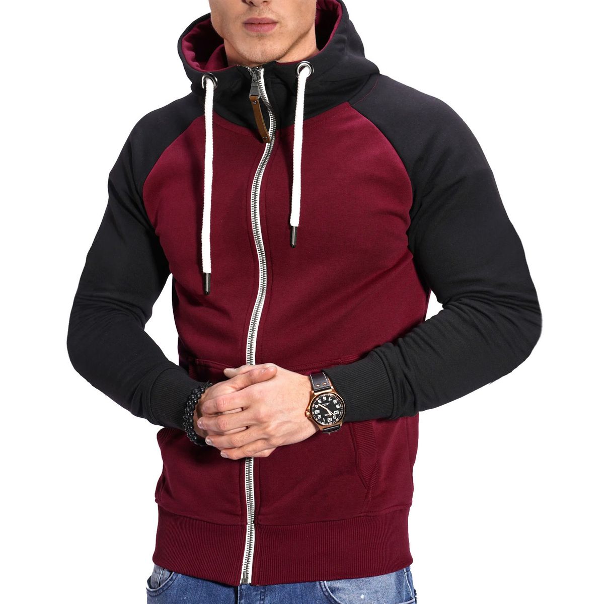 Men's Fitness Sports Sweatshirt European Size Color Matching Casual Fashion Contrasting Raglan Sleeve Cardigan Top_viptrois.com