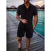 Men's Green Vertical Striped Casual Suit Versatile Breathable Vacation Style Shirt Shorts Set New_viptrois.com