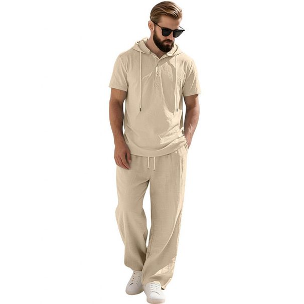 Men's Grey Textured Casual Suit New Style Versatile Breathable Hooded Top And Pants Set For Resort_viptrois.com