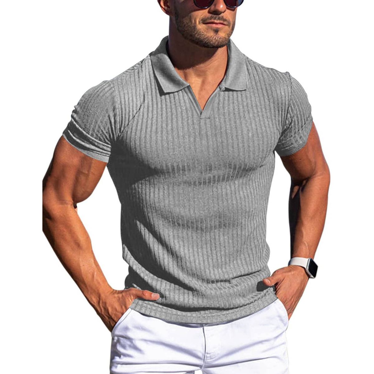 Men Turn Down Collar Short Sleeve Slim T-shirts Summer Male Solid Knitted Tee Tops_viptrois.com