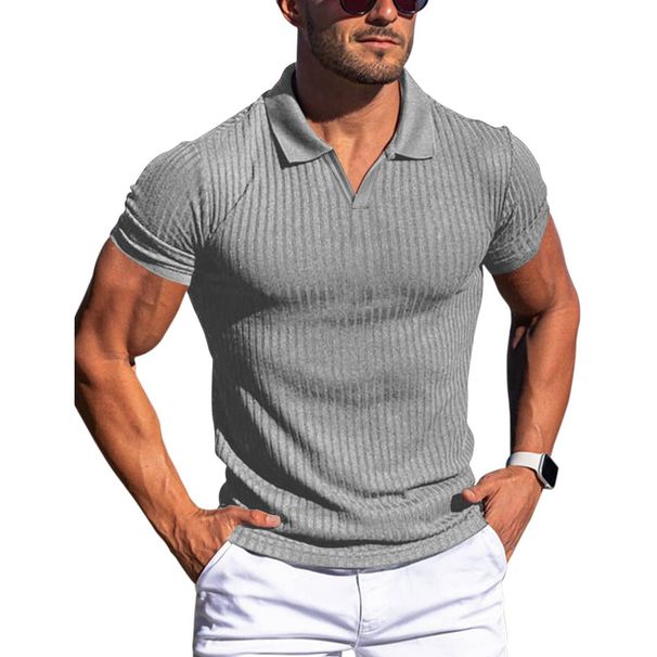 Men Turn Down Collar Short Sleeve Slim T-shirts Summer Male Solid Knitted Tee Tops_viptrois.com