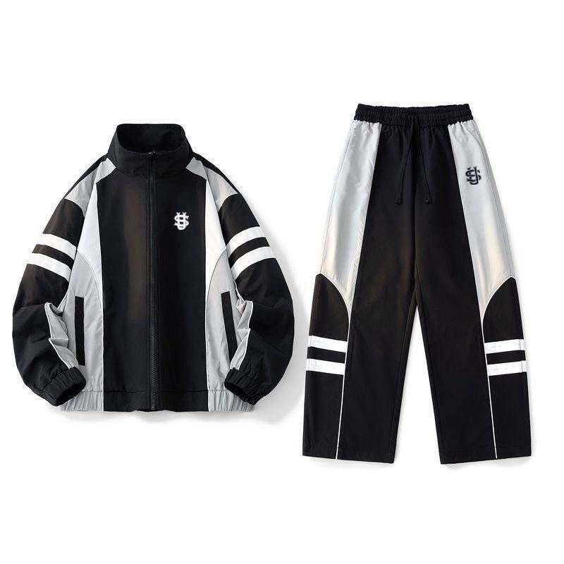 Men's Clothing 25 Autumn And Winter New American Retro Contrast Color Sports Casual Jacket Two-piece Wide-leg Pants_viptrois.com