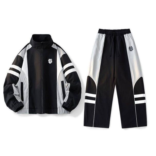 Men's Clothing 25 Autumn And Winter New American Retro Contrast Color Sports Casual Jacket Two-piece Wide-leg Pants_viptrois.com