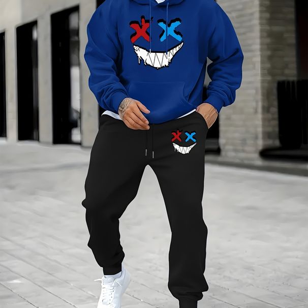 Men's Autumn And Winter Casual Fashion Warm Smiling Face Pattern Printed Loose Plush Thick Hooded Sweatshirt+sweatpants Set_viptrois.com