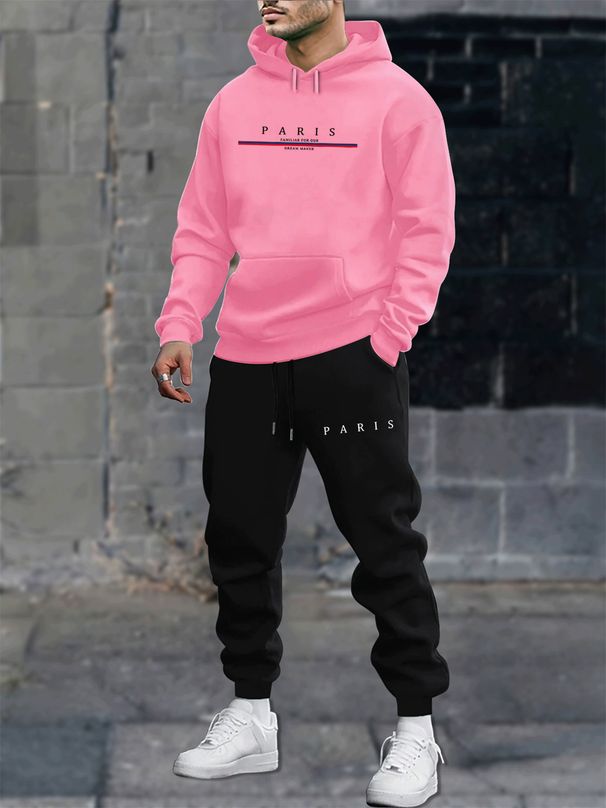 Men's Autumn/Winter Casual Fashion Paris Pattern Printed Loose Suede Thick Hoodie+Sports Pants Set_viptrois.com