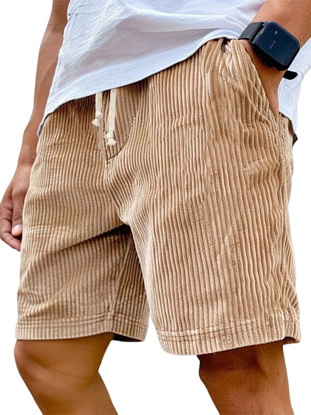 Men's Thick Striped Light Corduroy Solid Color Drawstring Five Point Shorts Casual Loose Fit Available On Amazon's Independent Website_viptrois.com