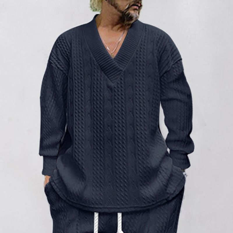 Men's Casual V-Neck Long Sleeve Knit Sweater, Loose Fit Jacquard Design, Lightweight & Breathable, Comfortable Pullover For Everyday Wear _viptrois.com
