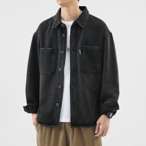 Retro Washed Trendy Denim Shirt For Men, Loose Casual Long Sleeved Shirt For Men, Workwear Jacket_viptrois.com