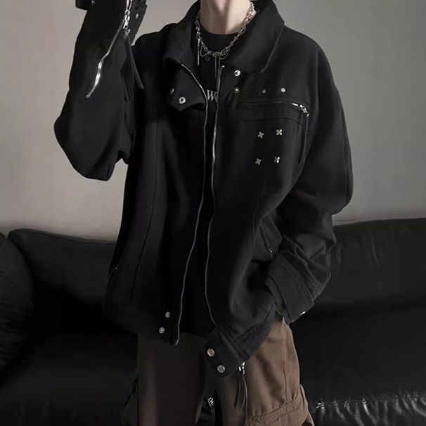 American Retro High Street Black Denim For Men, Autumn And Winter, High-End Design, Niche Trendy Brand, Turn-Down Collar_viptrois.com