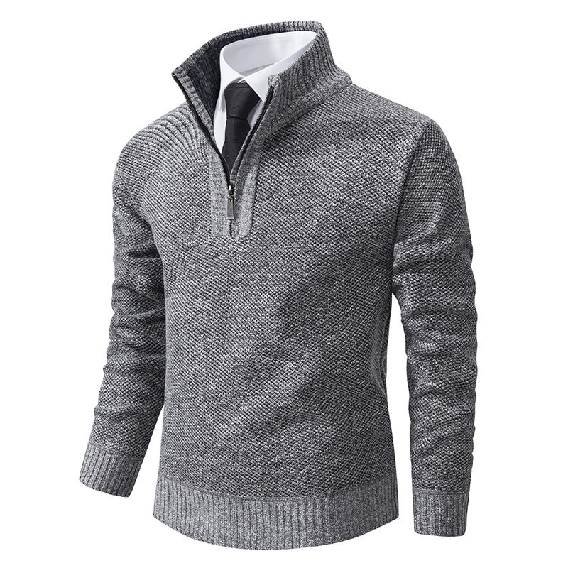 Men's Fleece-Lined Knit Sweater – Slim-Fit Stand Collar Pullover For Winter Warmth_viptrois.com