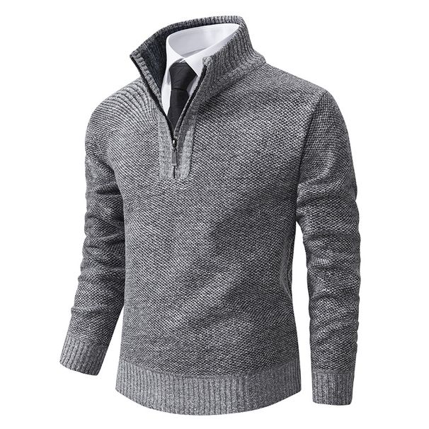Men's Fleece-Lined Knit Sweater – Slim-Fit Stand Collar Pullover For Winter Warmth_viptrois.com