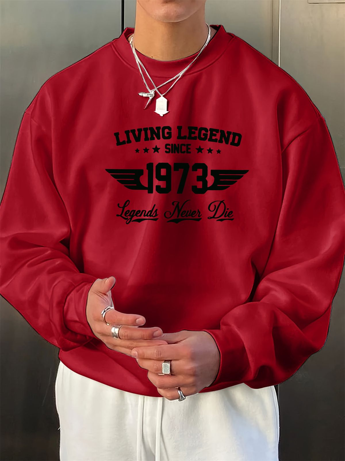 Men's Loose Casual Fashionable Retro 1973 Pattern Printed Round Neck Long Sleeved Sweatshirt For Autumn And Winter_viptrois.com