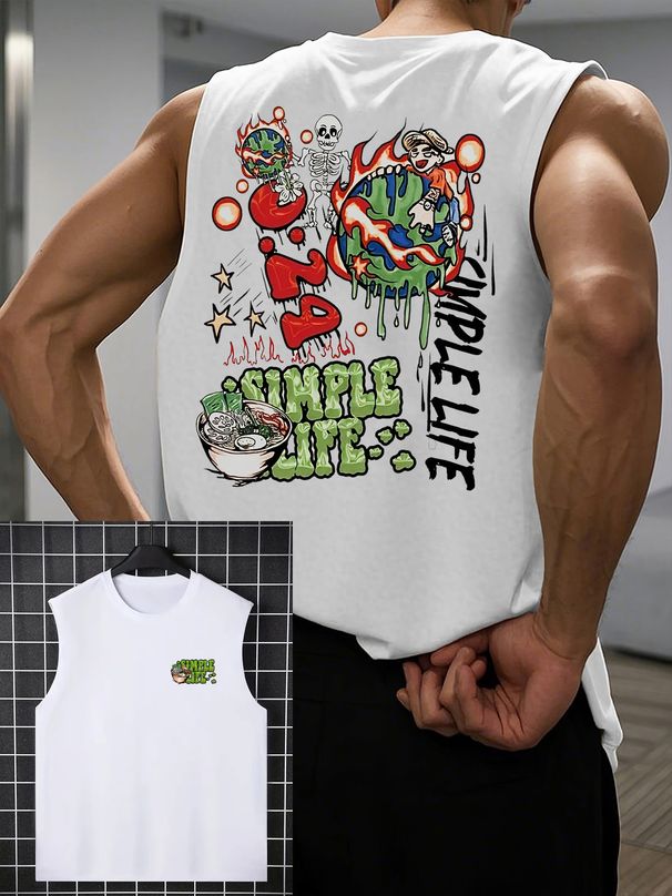 100% Pure Cotton Men's Summer Casual Sports Fitness Loose Graffiti Letter Print Breathable Round Neck Sleeveless Vest_viptrois.com