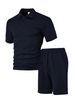 Summer Mens Solid Textured Polo Short Sleeve Top Elastic Waist Shorts Casual Tracksuit Set_viptrois.com