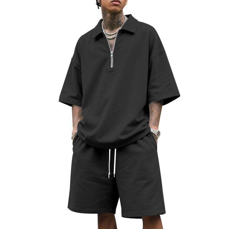Men's Clothing Men's Loose Lapel Hip Hop Zipper Polo High Street Casual Short Sleeved Shorts Two Piece Suit_viptrois.com