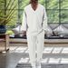 European And American Autumn Casual Men's Textured Solid Color V Neck Pullover Short Sleeved Drawstring Pocket Trousers Suit_viptrois.com