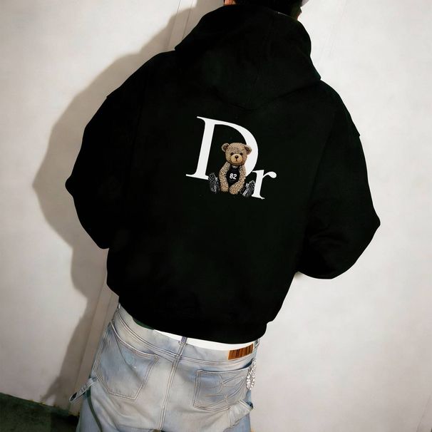 Spring Streetwear Hoodie Cotton Blend Oversized Pullover With Playful Bear Graphic For Urban Fashion_viptrois.com