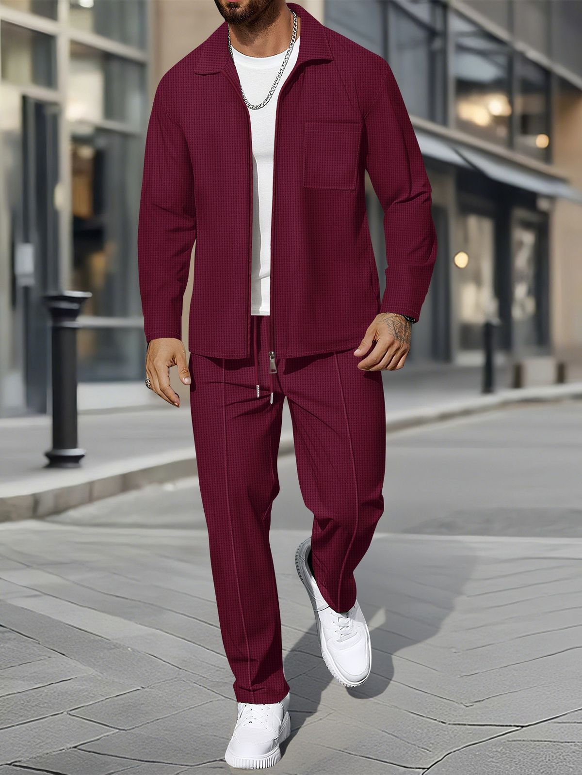 "Men's Waffle-Knit Zip-Up Jacket Set - Slim Fit Polyester Track Suit With Stand Collar & Side Pockets (White/Black/Grey/Burgundy/Khaki/Dark Green_viptrois.com