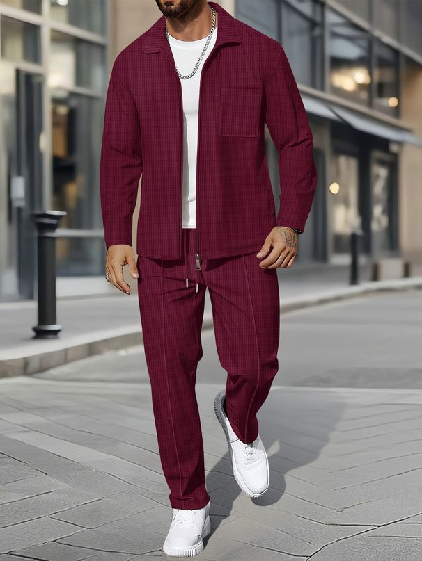 "Men's Waffle-Knit Zip-Up Jacket Set - Slim Fit Polyester Track Suit With Stand Collar & Side Pockets (White/Black/Grey/Burgundy/Khaki/Dark Green_viptrois.com