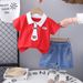 2025 New Summer Children's Men's Tie Bear Short Sleeve Cartoon Round Neck Top Shorts Two Piece Set_viptrois.com