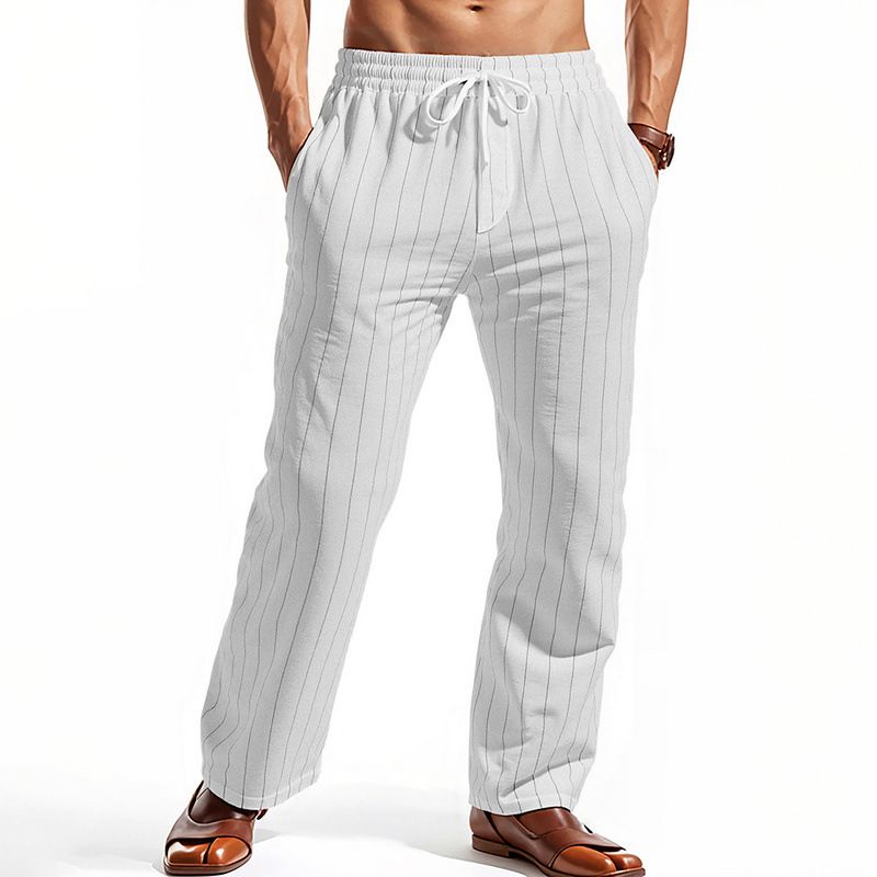Men's Linen Pants Thin Casual Drawstring Vertical Stripes Straight Breathable Summer Trousers_viptrois.com