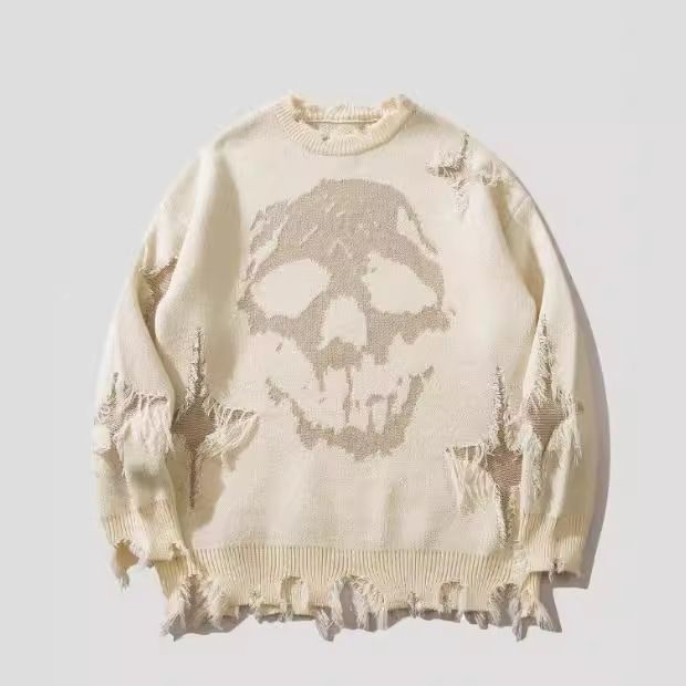 Gothic Hip Hop Streetwear Sweater With Skull Jacquard & Distressed Details – Oversized Unisex Knit Pullover For Men & Women_viptrois.com