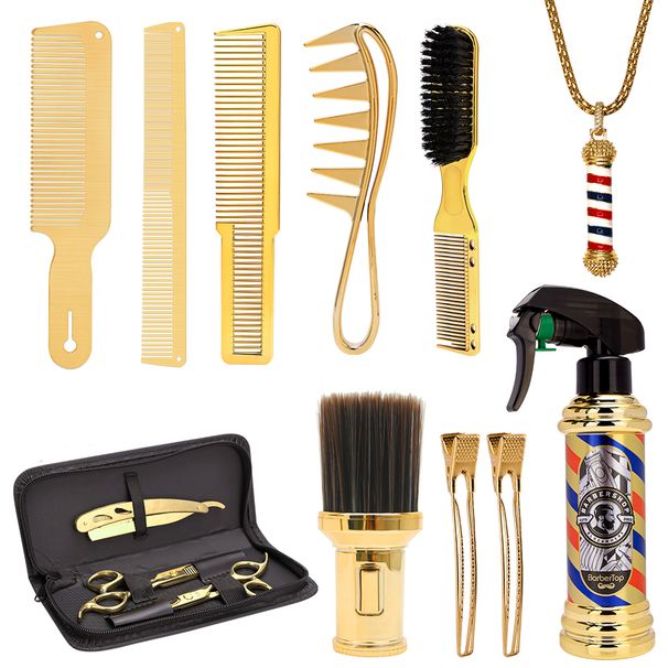 Barber Tools Gold Suit 14 in1 Professional Hairdressing Scissors Barbershop Comb Brush Spray Bottle Hair Stylist Supplies_viptrois.com