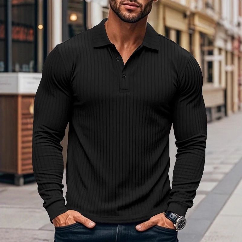 Men's Clothing Men's Classic Casual American Style Polo Shirt With Button-Down Collar, Long Sleeve, Stretch Fabric, Comfort Fit For Autumn_viptrois.com