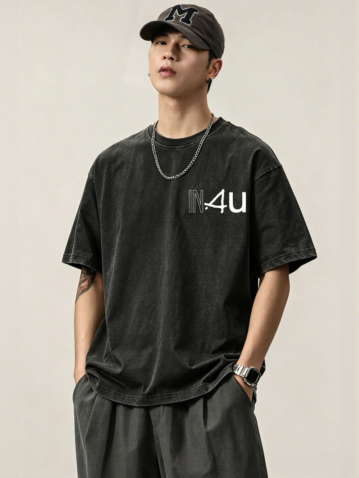 230g Washed Men T-Shirt IN.4U Mixed Font Letter Print Short Sleeve Crew Neck Casual Streetwear Top_viptrois.com