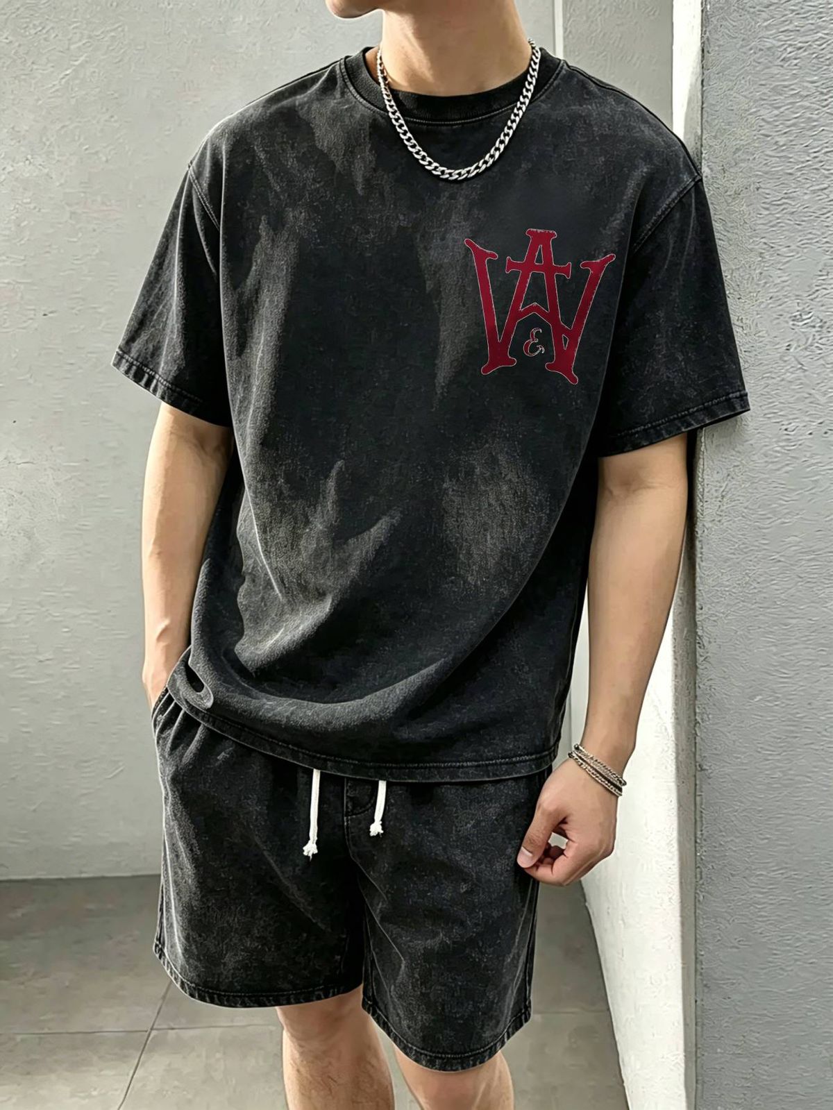 230g Vintage Washed Men T-shirt Red Gothic WA Monogram Logo Print Crew Neck Short Sleeve Street Top_viptrois.com