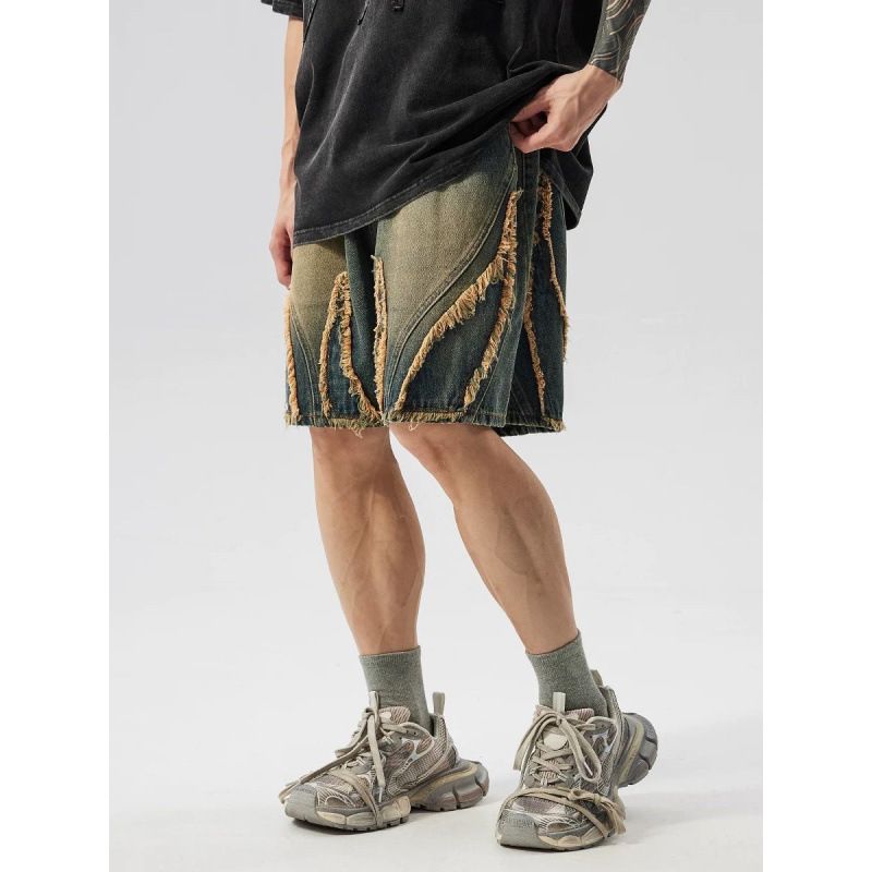 Men's Distressed Denim Shorts High Street American Retro Washed Loose Casual_viptrois.com