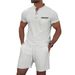 Men's Waffle Knit Short Sleeve Stand Collar Shirt & Shorts Set - Summer Casual Outfit With Color Block Design_viptrois.com