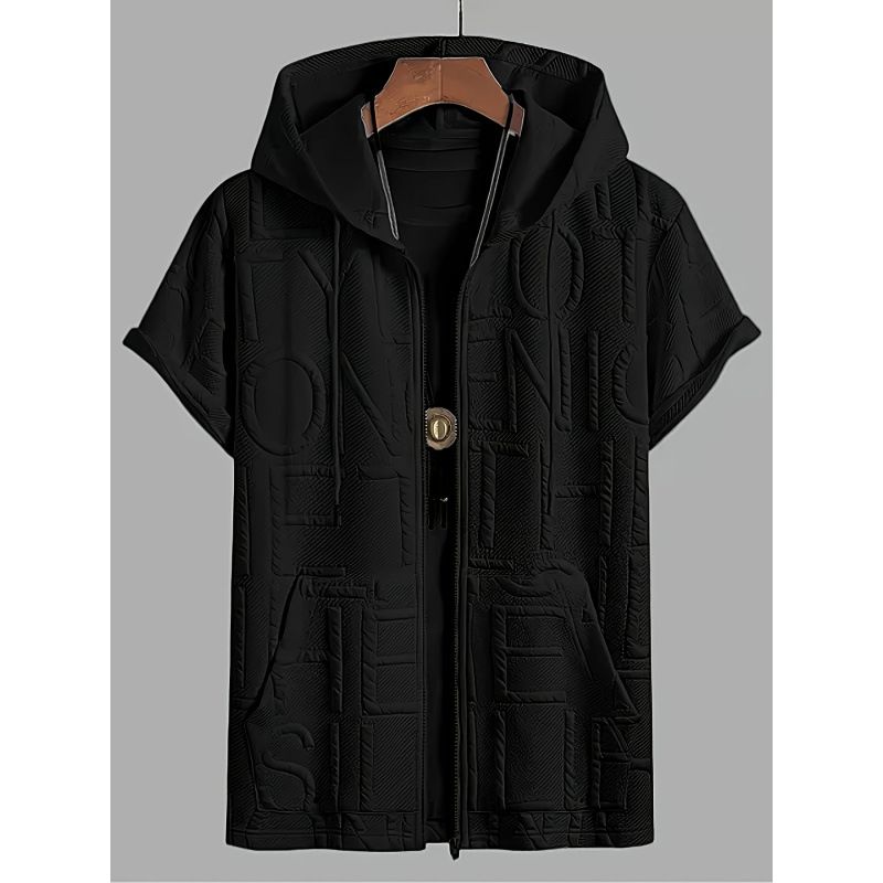"Men's Stylish Letter Print Hooded T-Shirt - Breathable Polyester, Relaxed Fit, V-Neck Design For Casual & Streetwear (_viptrois.com