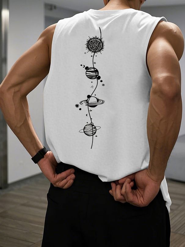 100% Pure Cotton Men's Summer Leisure Sports Fitness Loose Fit Solar System Planetary Pattern Printed Breathable Round Neck Sleeveless Vest_viptrois.com