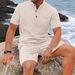 Men's Plus Size Solid Color Waffle Knit Casual Pocket Henley Shirt With Short Sleeves Breathable Design For Men Shorts Set_viptrois.com