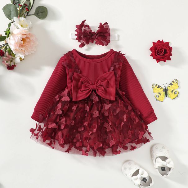 Kids' Clothing Infants And Children's Pit Striped Tops With Bow Mesh Dresses_viptrois.com