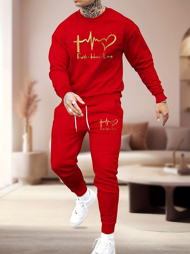 Men's Autumn And Winter Casual Warm FAITH HOPE LOVE Letter Printed Loose Thick Velvet Round Neck Sports Shirt+sports Pants Set_viptrois.com