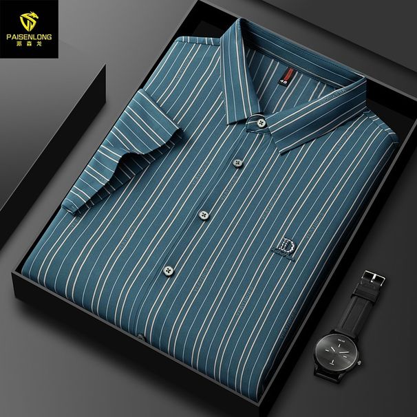 Run'enboro Ice Silk Brocade Ammonia Traceless Non Ironing Vertical Striped Light Business Middle Aged Men's Shirt Cd4_viptrois.com