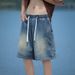 Men's Retro Multi Pocket Denim Shorts Summer Drawstring Loose Wide Leg Mid-Length Cargo Five Point Pants_viptrois.com