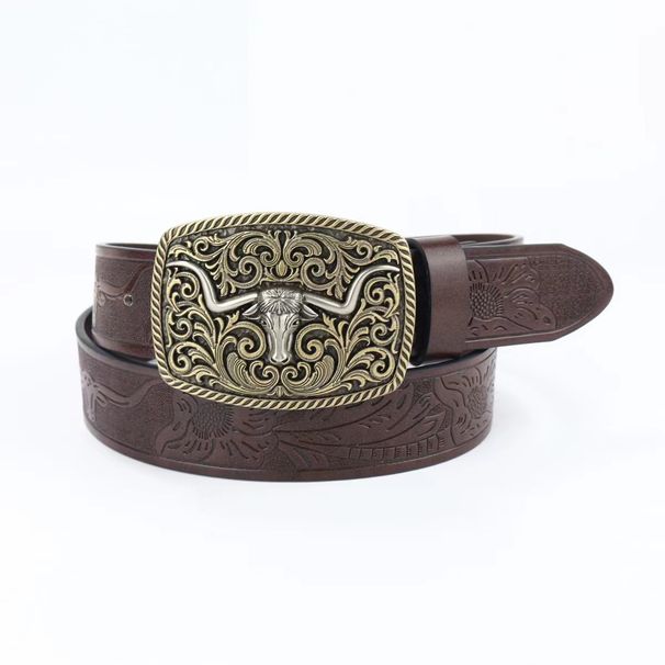 Western Cowboy Bull Head Large Buckle Youth Men And Women Punk PU Leather Casual Versatile Belt_viptrois.com