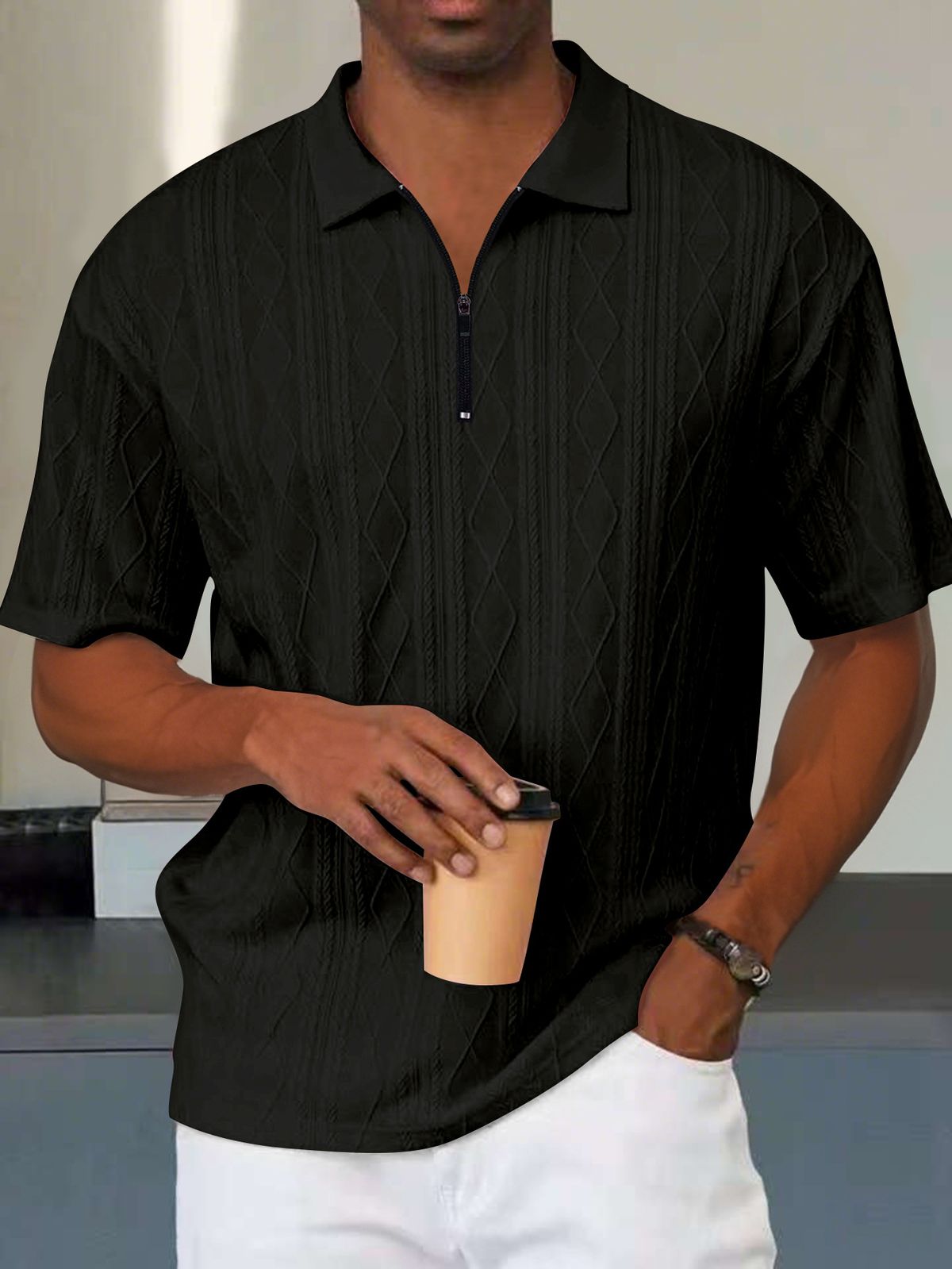 Men's Clothing Retro Loose Texture Knitted Polo Shirt Summer Retro Lapel T Shirt Breathable Zipper Short Sleeve_viptrois.com