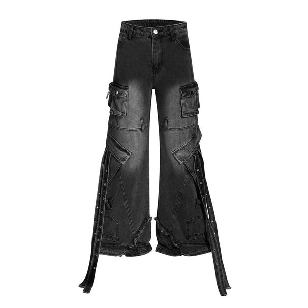 Big Flare Cargo Pants Men's Trendy Vibe Style Lace-up Multi-pocket Reverse Wear Design Niche Denim Trousers_viptrois.com