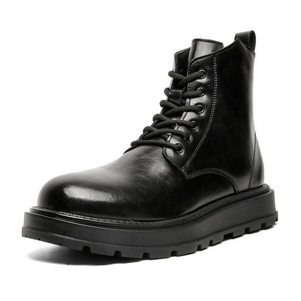 Retro Martin Boots Lace-up Locomotive Tooling Boots Thick-soled High-top Leather Shoes Black Short Boots_viptrois.com