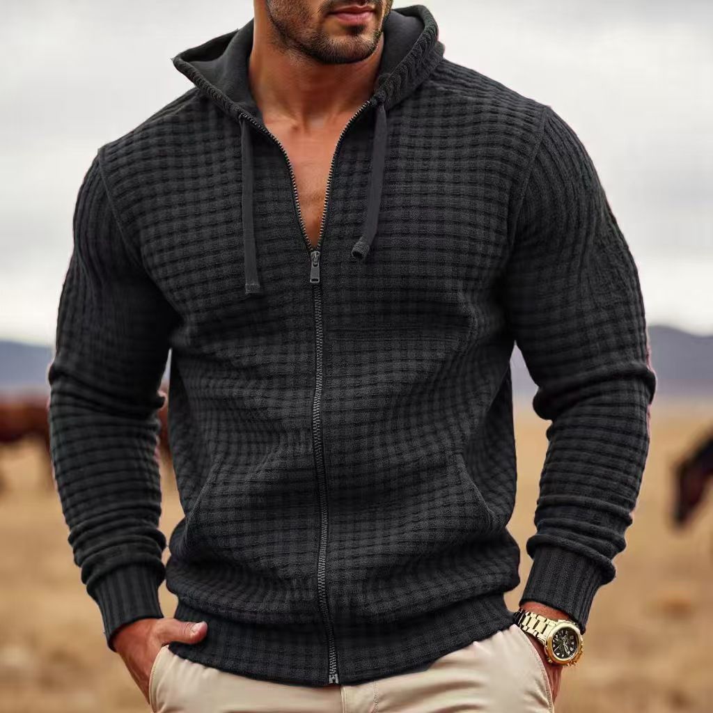 Spring Autumn New Men Sweatshirts Long Sleeve Hoodie Coats Zipper Solid Plaid Jacquard Jacket Male Loose Hoodies Man Clothing_viptrois.com