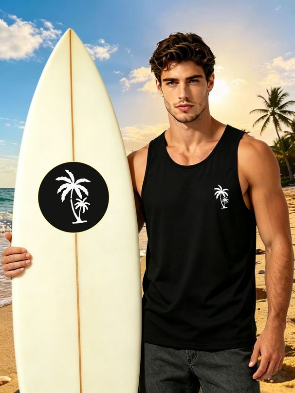 Canotta Uomo Girocollo 100% Cotone Stampa Silhouette Doppie Palme Strisce Verticali Traspirante Senza Maniche Stile Vacanze Multicolore_viptrois.com
